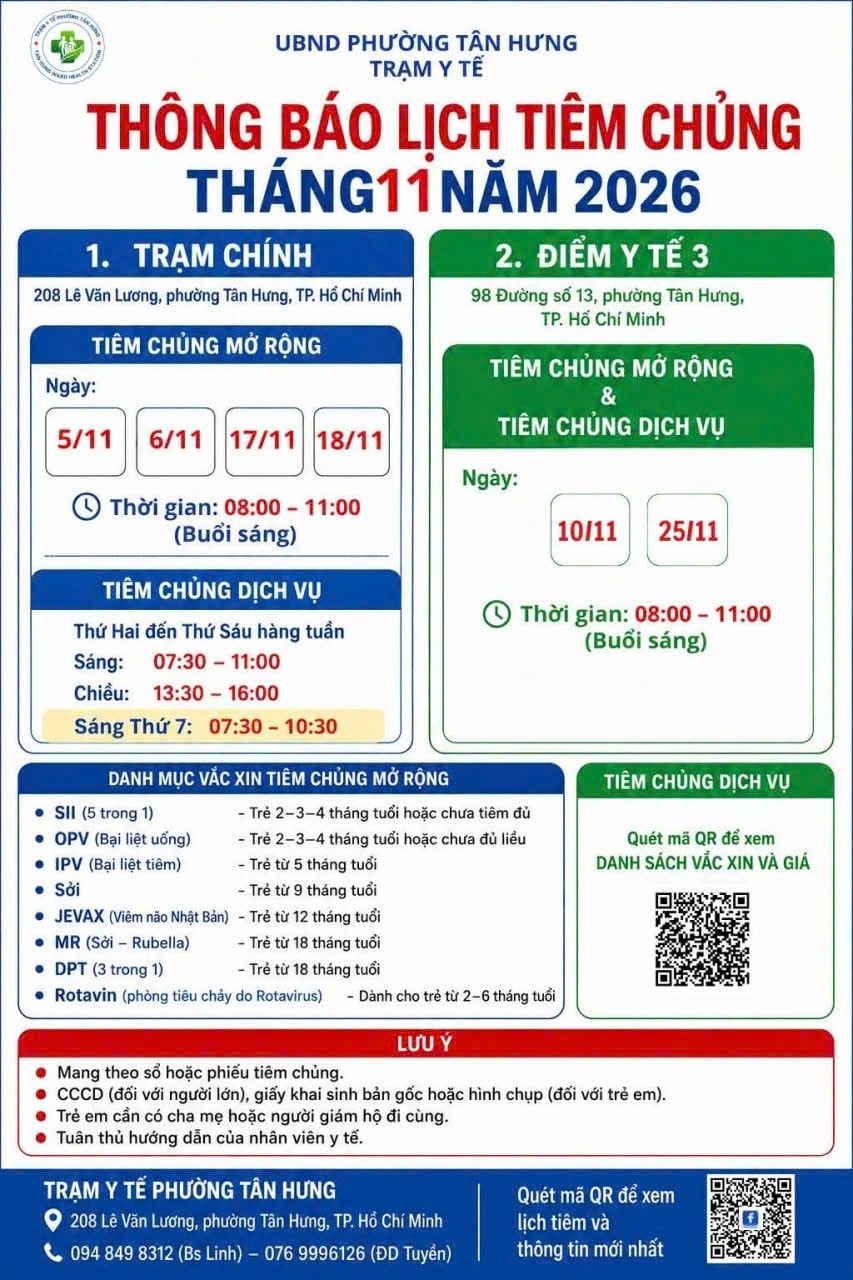 Thông báo lịch tiêm chủng tháng 11/2026 của Trạm Y tế phường Tân Hưng
